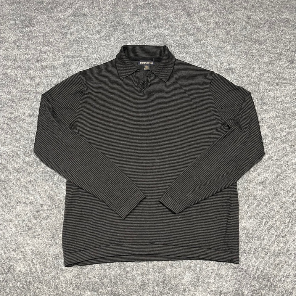 Banana Republic Sweater‎ Mens XL Black Extra Fine Merino Wool Striped Polo Light
